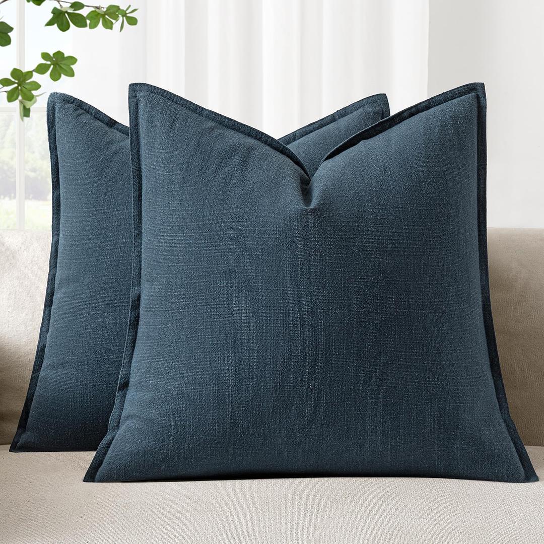 Woaboy 24x24 Inch Set of 2 Decorative Linen Solid Throw Pillow Covers Boho Accent Farmhouse Couch Pillowcases Modern Netural Euro Home Decor for Couch Sofa Living Room Bed,Navy Blue