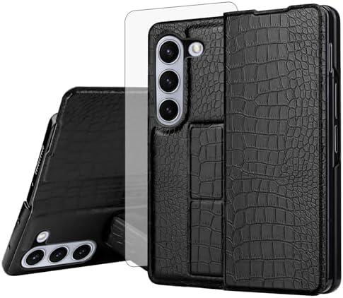 Furiet for Samsung Galaxy Z Fold 5 5G 2023 PU Leather Phone Case of Crocodile Pattern & Tempered Glass Screen Protector Wrist Strap Anti-Slip Slim Thin Stand for ZFold5 Z5 G Fold5 5Z Women Men Black
