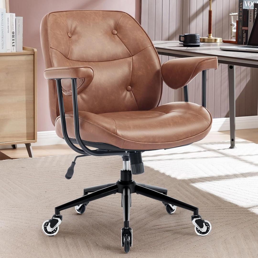 Home Office Desk Chair Retro Faux Leather with Lumbar Support & Rubber Wheels, Mid Back Ergonomic Computer Chair Swivel Rolling Work Chair