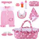 BABESIDE 10 Pcs Reborn Baby Doll Clothes and Accessories Set with Bassinet for 17-22 Inch Dolls, Baby Doll Accessories with Bottles Pacifier for Newborn Dolls Girls, Pink & Bean Paste Color