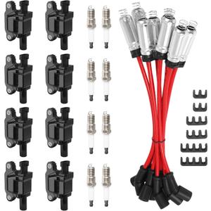 8Pcs UF413 Square Ignition Coils with M8-48322R 8mm Spark Plug Wires Set & 41-962 Platinum Spark Plugs Compatible with Chevy Silverado, Cadillac Escalade, Buick, GMC Sierra 4.8L 5.3L 6.0L 6.2L