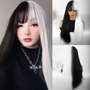 forfeels Synthetic Wig Black And White Wig For Women 28 Inches Cosplay Wig Heat Resistant Synthetic Wig With Bangs Straight Synthetic Hair For Halloween
