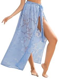 AI'MAGE Sarong Wraps for Women Long Chiffon Swimsuit Coverup Tie Sarong Sheer Floral Bathing Suit Cover Up Skirt Blue M