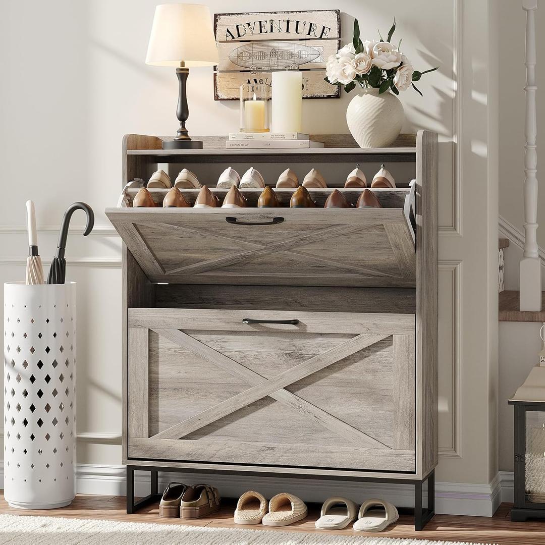 Maupvit Shoe Cabinet with 2 Flip Drawers, Freestanding Shoe Cabinet Organizer with Metal Legs, Shoes Storage Cabinet for Entryway, Narrow Shoe Rack Cabinet, Washed Gray Maupvit Shoe Cabinet with 2 Flip Drawers, Freestanding Shoe Cabinet Organizer with Metal Legs, Shoes Storage Cabinet for Entryway, Narrow Shoe Rack Cabinet, Washed Gray