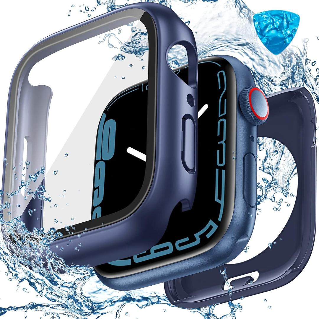 3 in 1 Goton Waterproof Hard Case for Apple Watch Screen Protector 44mm, 360 Slim Full Protective Tempered Glass Face Cover + Back Hard PC Bumper for iWatch SE 3/SE 2/SE, Series 6/5/4, 44mm Blue