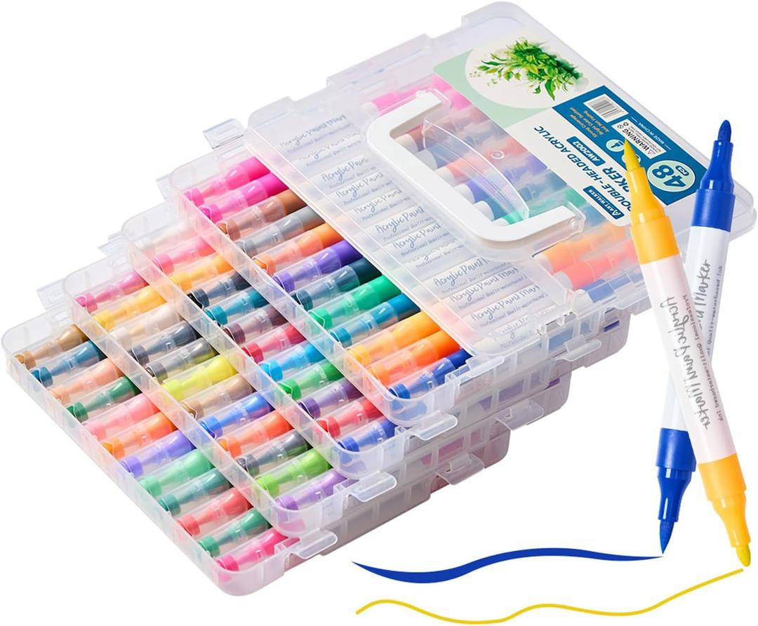 Dual Tip Acrylic Markers : 48-Color Brush & Fine Point Paint Pens - Water Based Markers Set with Portable Case for School Classroom Scrapbook Painting Drawing Coloring