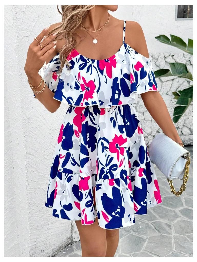 SOLY HUX Women's Boho Floral Print Cold Shoulder Dress Short Sleeve Ruffle A Line Vacation Elegant Mini Dresses Multicolor Floral, X-Large