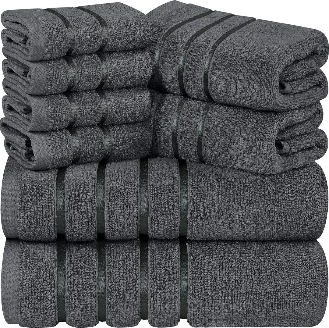 Utopia Towels 8-Piece Luxury Towel Set, 2 Bath Towels, 2 Hand Towels, and 4 Wash Cloths, 600 GSM Ring Spun Cotton Highly Absorbent Viscose Stripe Towels Ideal for Everyday use (Grey)