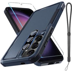 RMOCR Case for Samsung Galaxy S25, Full Body Heavy Duty Rugged Shockproof Protective Phone Cover with Lanyard Strap, Tempered Glass Screen Protector and Camera Lens Cover, Navy Blue