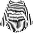 Remidoo Women's Split Short Pajama Set Striped Long Sleeve T Shirt and Shorts Pajamas Loungewear Black X-Large