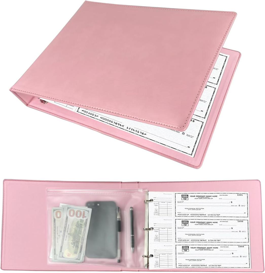3 Rings Business Check Binder for End-Stub Deskbook Checks with 3 & 9 Holes, Faux Leather (11 1/4" x 9") in Pink