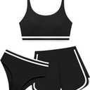 Girl 3 Piece Swimsuits Bathing Suit High Waist Color Block Bikini Set with Shorts Swimwear for Size 13-14 Years