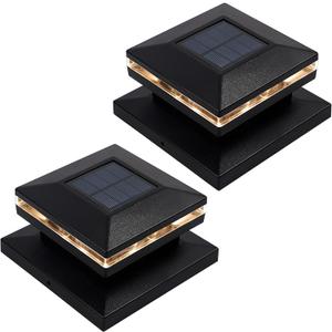 MAGGIFT 15 Lumen Solar Post Lights, Outdoor Post Cap Light for Fence Deck or Patio, Solar Powered Caps, Warm White LED Lighting, Lamp Fits 4x4 or 6x6 Wooden Posts (2 Pack, Black)