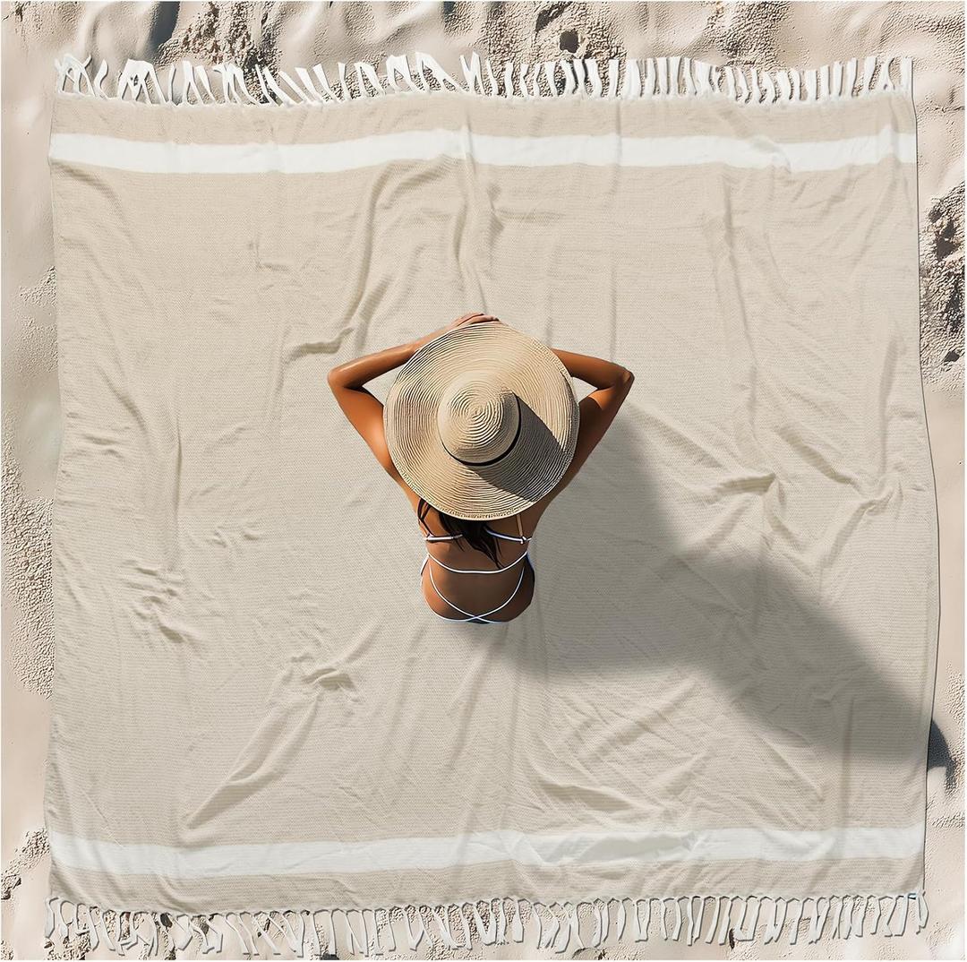 Oversized Turkish Beach Towel Blanket  Cotton Sandproof Towels Boho Woven Extra Large Big Sand Free Giant Throw Blankets Huge Quilt Picnic Camping Necessities Cloud For Adult Gifts Beige, Size: Xxx (88x82 In,224x208 Cm)