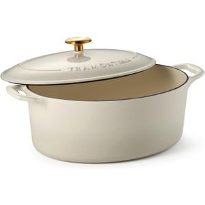 Tramontina Bestow Enameled Cast Iron Oval Dutch Oven Pot with Lid, Large 7-quart, Latte (Gold Knob)