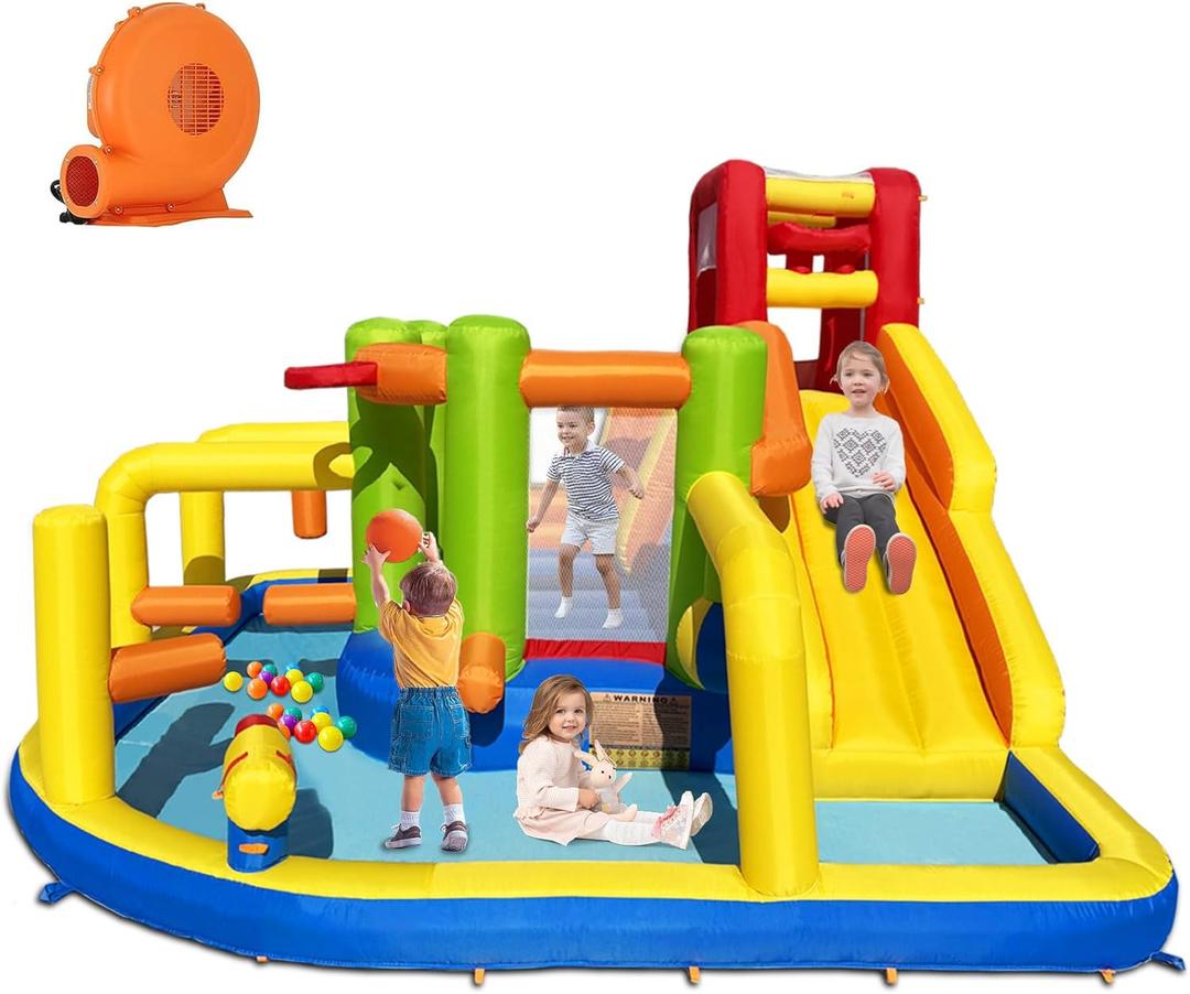 Inflatable Obstacle Bounce House, Kids Bounce House Water Park with Water Slides, Surprise Dump Bucket, Obstacles,Jumping, Tunnels, Climbing,Water Cannon, and Ball Shooting Frame