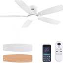 52inch Flush Mount Ceiling Fans with Lights and Remote/APP Control, Dimmable LED, Reversible DC Motor, Noiseless, Low Profile White Ceiling Fan for Livingroom, Indoor/Outdoor Use