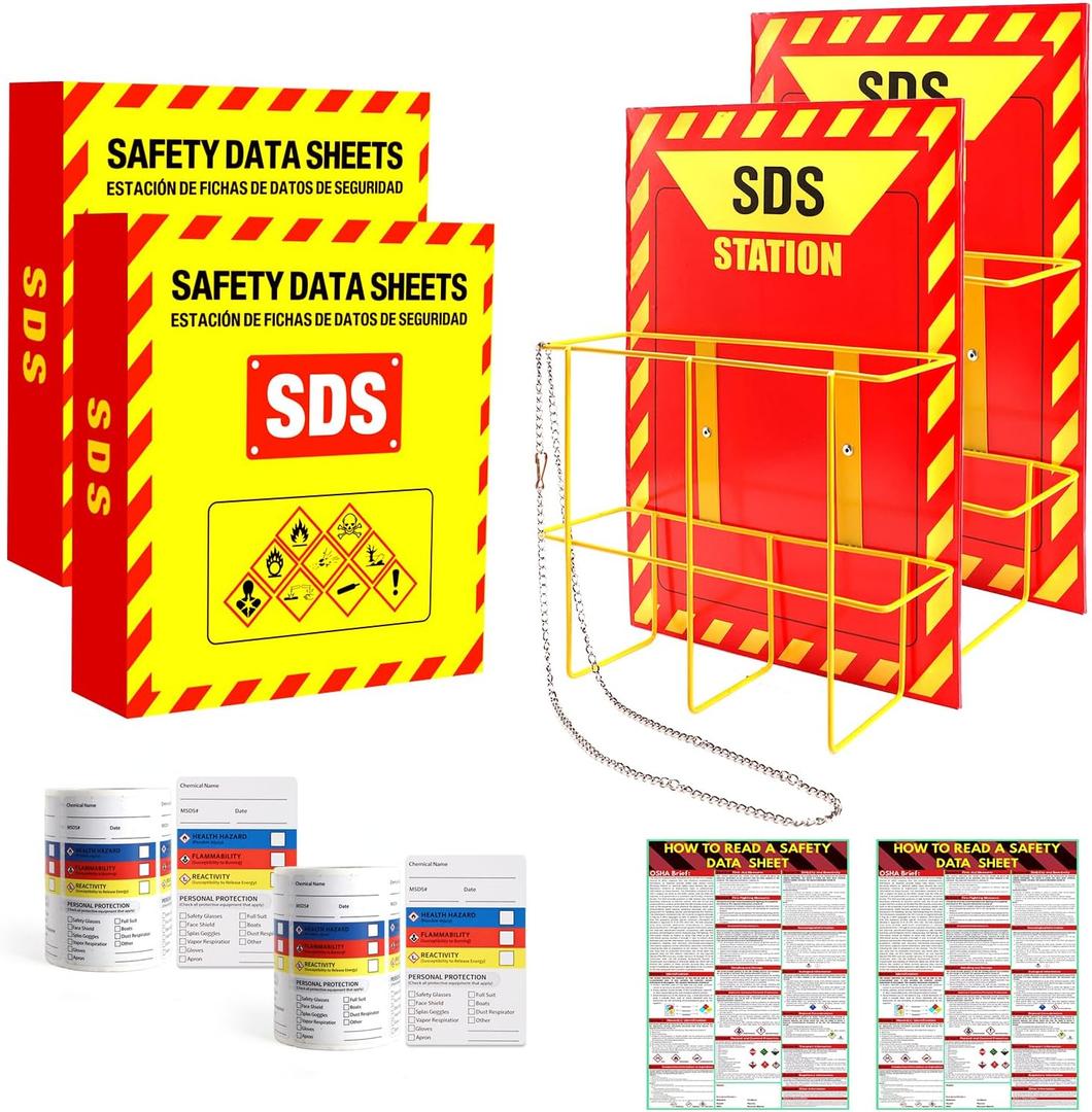 2 Pcs MSDS SDS Binder and Wall Station,Yellow Heavy Duty 3 Inch Material Safety Data Sheet 3 Ring Binder with SDS Wire Rack and Display Sign, Chain,Mounting Hardware,Safety Posters,MSDS Labels