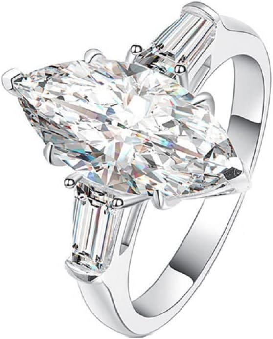 Classic Platinum Plated Marquise Cut and Baguette CZ Cubic Zirconia Engagement Ring 3-Stone Wedding Promise Rings for Her (US Size 6)