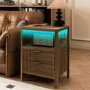 Night Stand with Charging Station, 2 Drawers Modern Bedside Tables with Storage, Fluted Nightstand for Bedroom and Living Room(Walnut Brown), 19.6" W x 14.9" L x 25.5" H