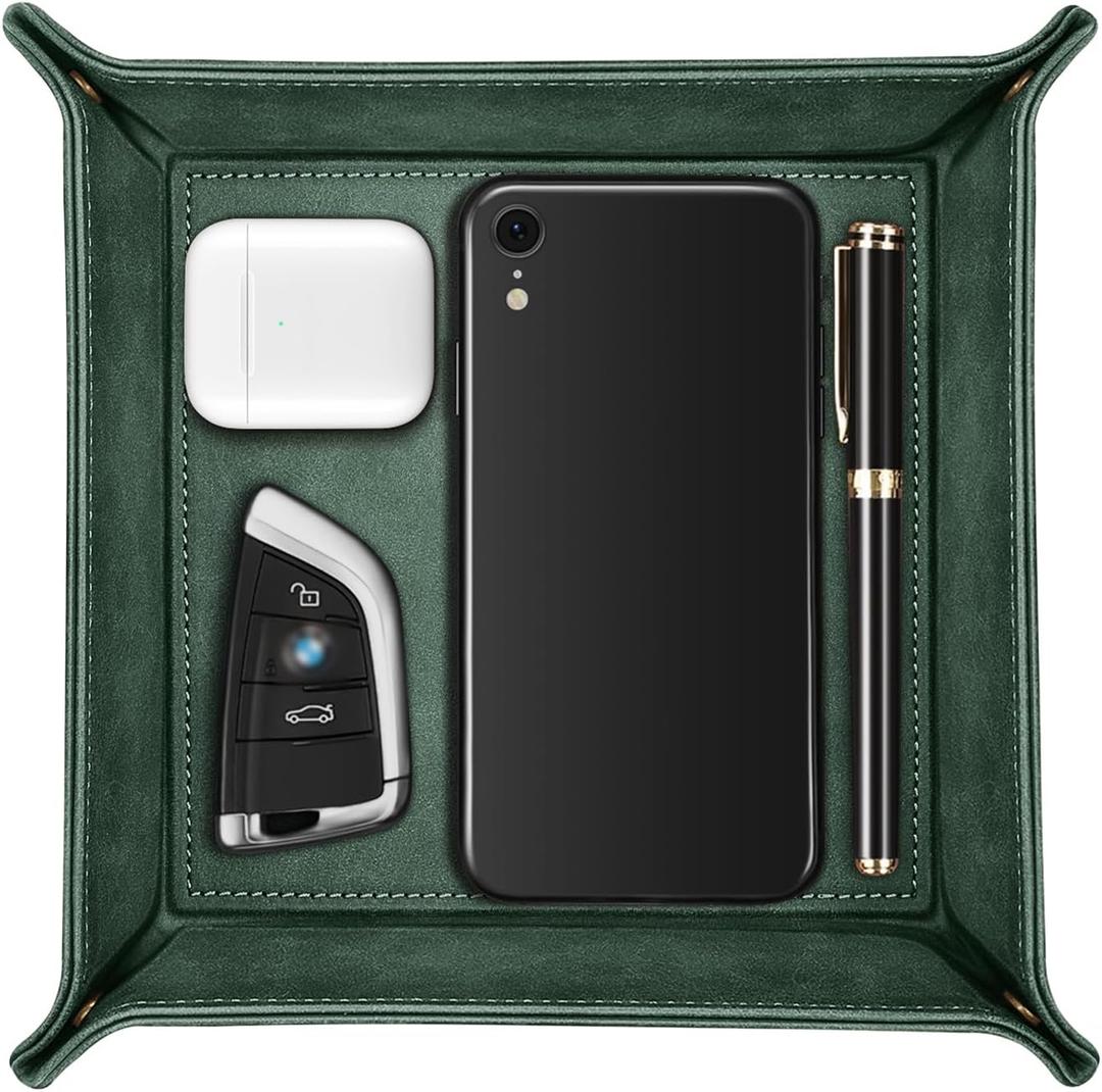 SITHON Valet Tray Desktop Storage Organizer  Premium PU Leather Catchall Bedside Vanity Tray Nightstand Caddy Holder for Remote Controller, Keys, Phone, Wallet, Coin, Jewelry, Dark Green