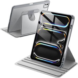 JETech Rotating Case ONLY for iPad Pro 13-Inch M5/M4 (2025/2024) with Pencil Holder, 360 Degree Rotation Protective Stand Cover Clear Back (Silver)
