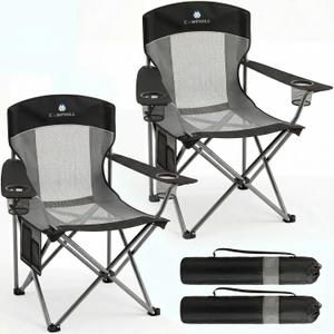 2 Pack Camping Chairs for Adults,Oversized Mesh Back Lawn Chair with Cup Holder, Side Pocket&Bag for Outdoor,Beach,Picnic,Fishing,and Sports,Breathable,Heavy Duty,Black