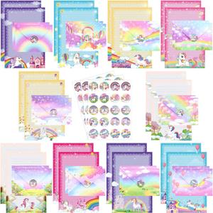 TaoBary 160 Packs Stationery Paper Set (50 Double Sided Stationery Writing Papers 50 Matching Envelopes) 60 Round Dot Sticker, 10 Design(Unicorn,5.5 x 8.25 Inch)