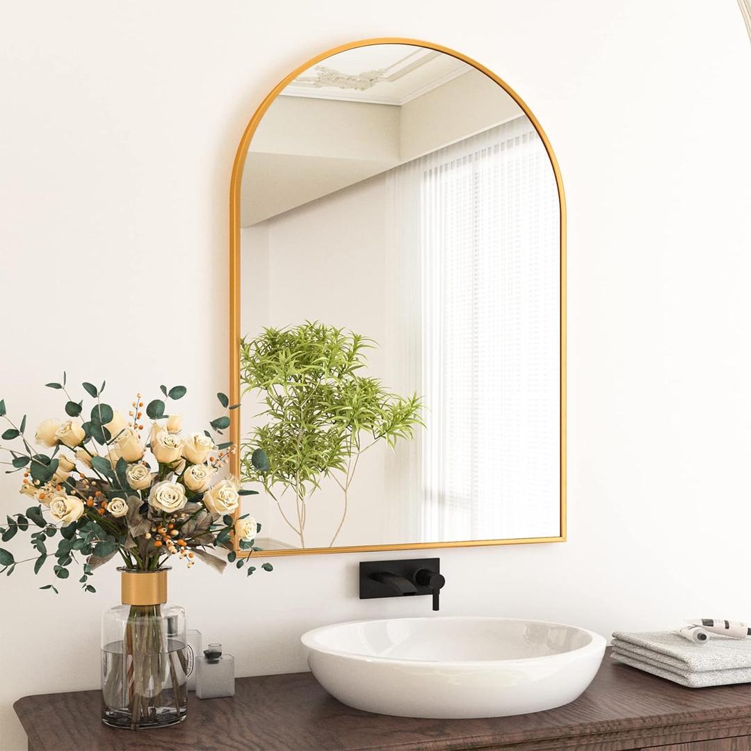 HARRITPURE 24"x36" Arched Bathroom Mirror - Wall Mounted Mirror - Gold Arch Mirror - Aluminum Alloy Frame Bathroom Mirror Living Room, Bedroom, Bathroom and Entryway (36"L x 24"W)