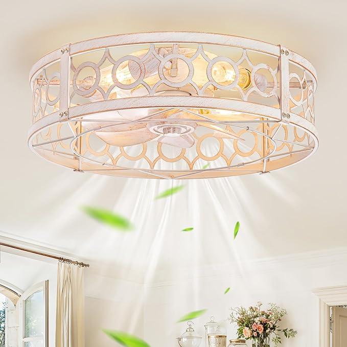 Caged Ceiling Fan with Light and Remote, 16in Small Low Profile Ceiling Fans with Lights, 6 Speed Farmhouse Flush Mount Ceiling Fan for Bedroom, Kitchen, Living Room-White and Gold