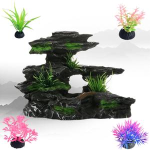 Artificial Rockery with Aquatic Plants for Aquarium Decoration - Easy-to-Clean Christmas Decoration for Betta Fish Tanks (1 Artificial Rockery, 4 Aquatic Plants)