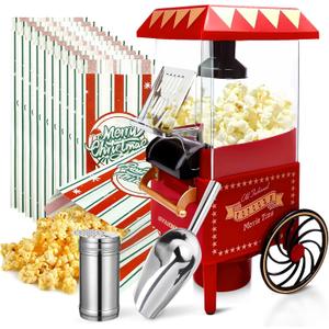 Popcorn Machine, Hot Air Popcorn Maker Kit Gift Box, Portable Home Popcorn Popper Machine, 10-Cup,Oil-Free,Retro Style,Compact and Cute (red&gold)