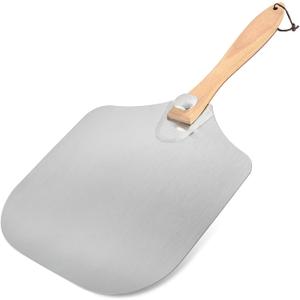 Luvan Aluminum Metal Pizza Peel With Foldable Wooden Handle - 12x14 Inch Paddle Spatula for Oven, Baking Homemade Pizza Bread