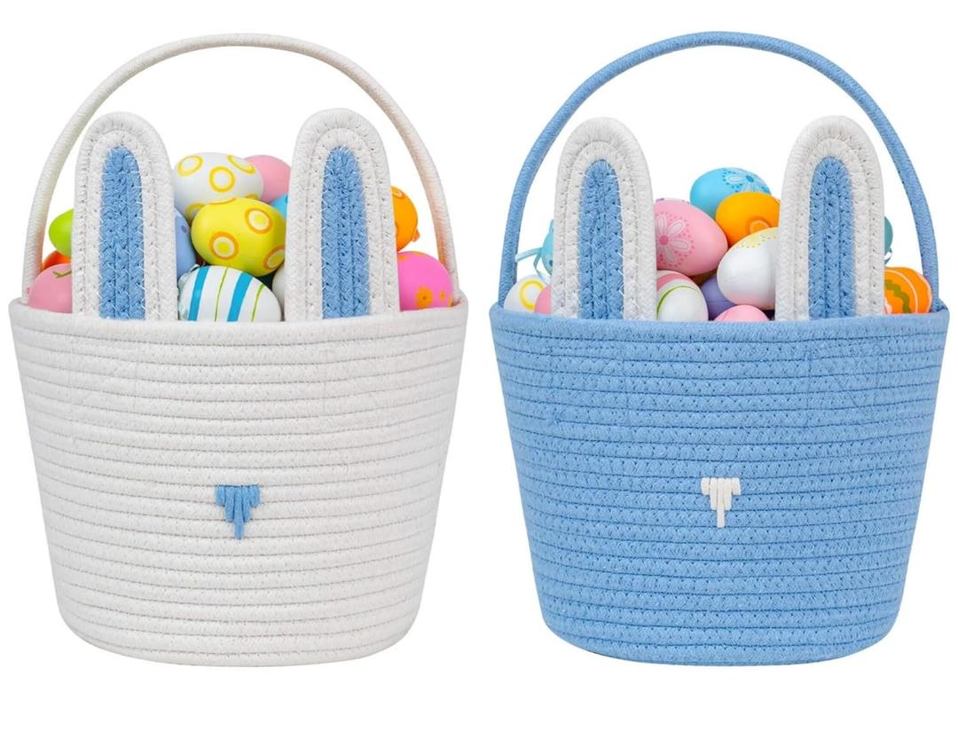 CubesLand 2-Piece Empty Easter Basket Set for Kids - Colorful Woven Easter Bunny Basket for Easter Egg Hunts, Baby's First Easter, Boys & Girls - 9.8 x 7.8 x 7.8 Inches (Large)