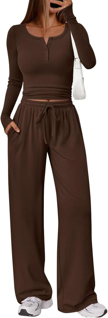 Trendy Queen Women's 2 Piece Matching Lounge Sets Long Sleeve Henley Neck Slightly Crop Top Wide Leg Pants Casual Sweat Suit (X-Large, Coffee)