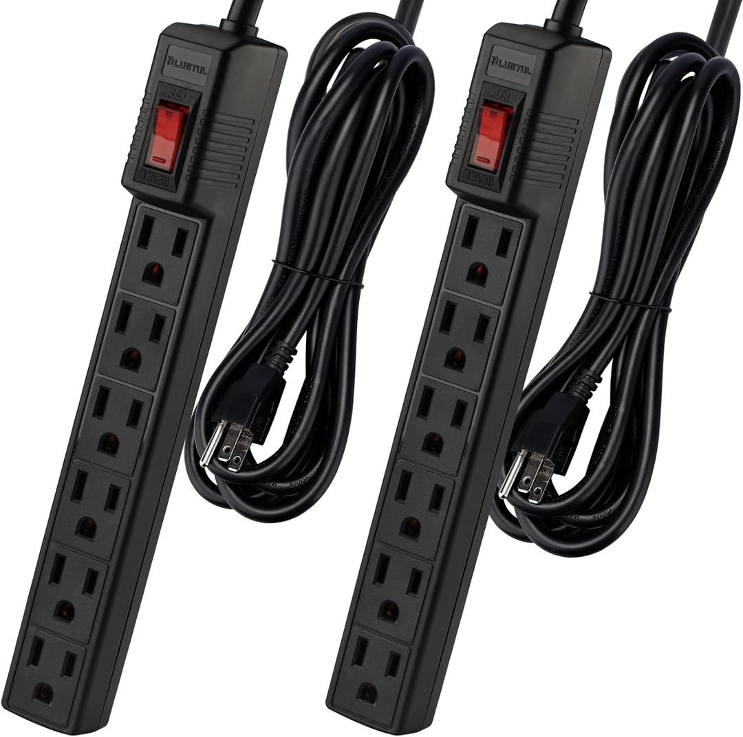 Power Strip Surge Protector 6 FT - 6 Outlets Surge Protector, 1875W/15A 90 Joules, Overload & Surge Protection, Wall Mount for Home Office, ETL Listed Black, 2 Pack