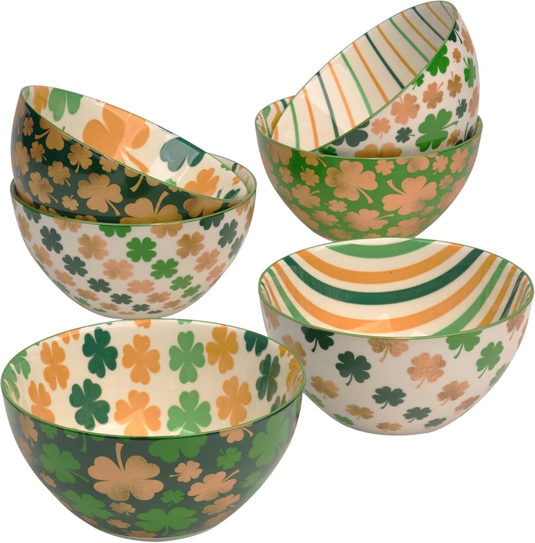 St. Patricks Day Shamrock Bowls Set of 6, 16 oz Durable Porcelain  Microwave & Dishwasher Safe Serveware for Cereal, Snacks, Desserts, Irish-Themed Dinnerware