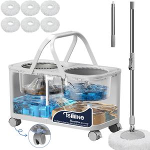 Compact Spin Mop for Apartments & Small Spaces, Clean & Dirty Water Separation Mop Bucket for Pet Owners & Daily Cleaning,360 Swivel Wheels, Safe for Hardwood & Tile, Adjustable Handle, 6 Mop Heads