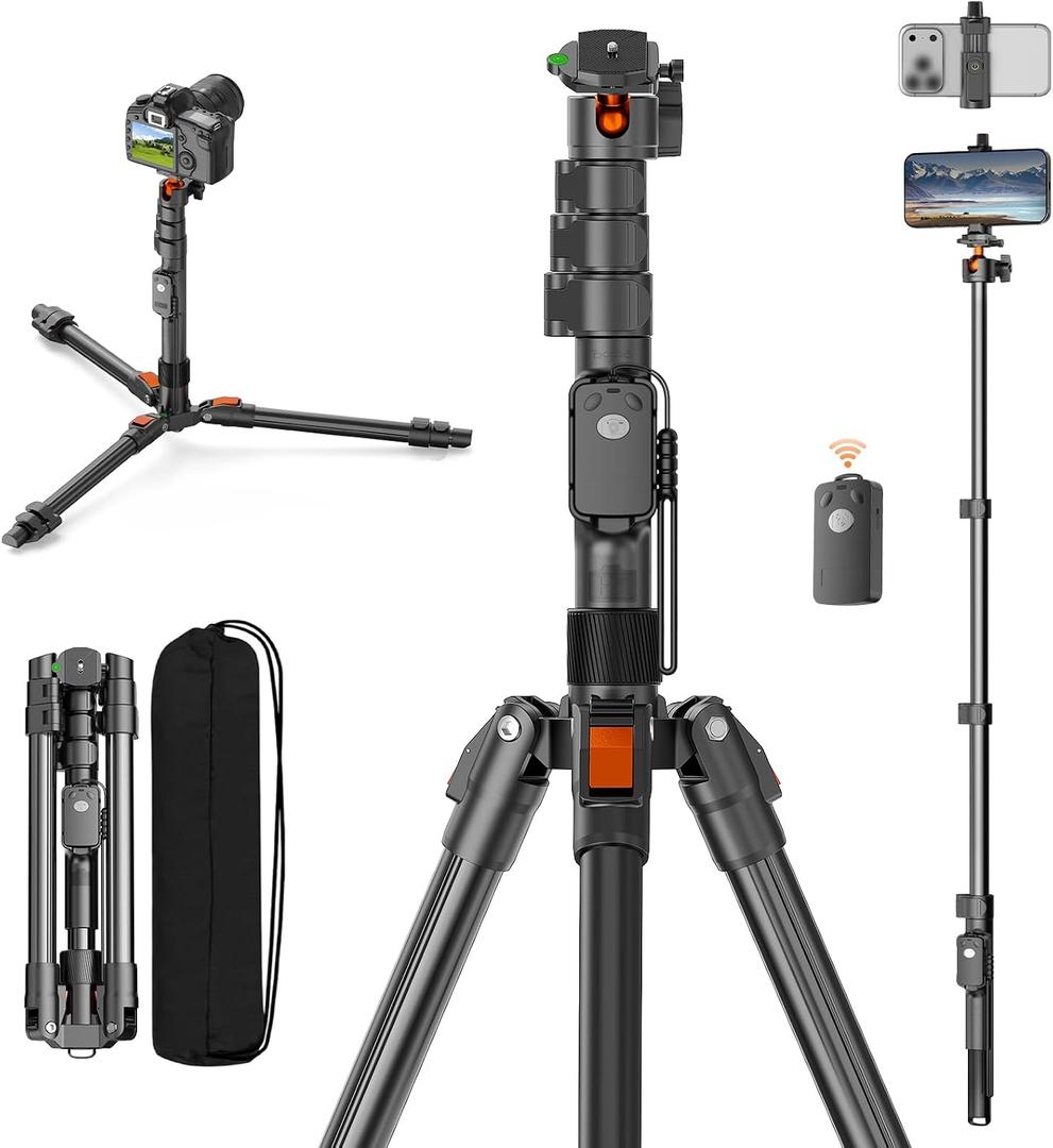 XXZU 75" Camera Tripod,Tripod For Camera Phone with Remote & 360 Ball Head,Aluminum Phone Tripod/Monopod,Camera Stand Tripod for iPhone/Canon/Nikon/DSLR/Digital Camera Accessory Kits,Max Load 17.64lb
