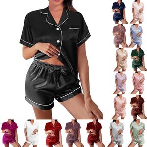 Womens Silk Satin Pajamas Loungewear Two-Piece Sleepwear Button-Down Floral Pj Set XS-4XL (Large)