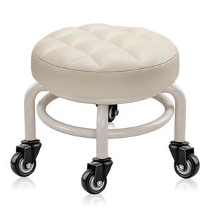 HPONQIONE Round Rolling Low Stool- PU Leather Low Stool 360° More Comfortable Swivel with Thickened Sponge Cushion for Nail Salon, Pedicure, SPA and Home (White Upgrade Edition)