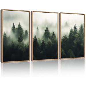 KUVIOKE Green Fog Pine Tree Framed Wall Art Nature Nordic Forests Artwork Morden Painting Home Decor 12x16in (Natural Framed)