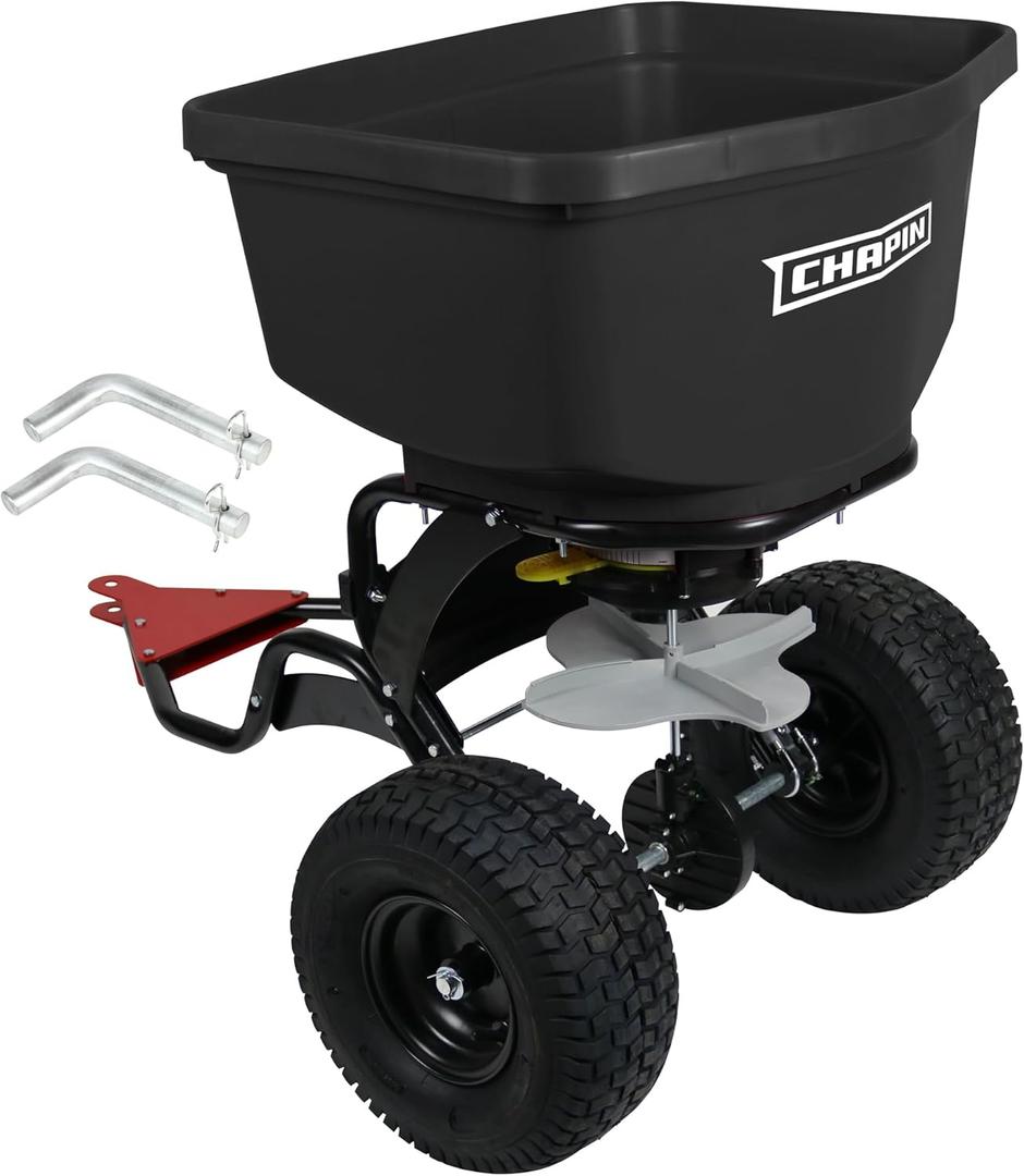 Chapin 8622B Made in The USA 2.2 Cubic feet Tow and Pull Behind Spreader with Auto-Stop Dual Impeller That Stops When Not Moving, Designed for Farm and Tough Terrain, Hitch Pins, Black