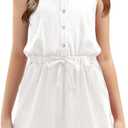 Fashare Girls Summer Rompers Button Down Sleeveless Scoop Neck One Piece Jumpsuit Adjustable Waist Shorts with Pockets (13-14 Years, White)
