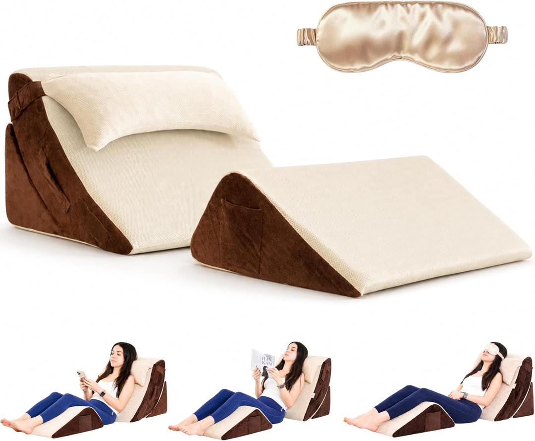 4pcs Orthopedic Bed Wedge Pillow Set for After Surgery, Adjustable Cooling Wedge Pillows for Back Support, Leg Elevation & Acid Reflux, Ergonomic Sit Up Pillow, Espresso/Ivory, 4 Piece Set
