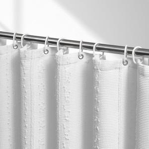 Lameirose Extra Long White Shower Curtain Boho, 72 x 78 Cotton Blend Waffle Weave Stripe Textured Heavy Duty, Fabric Shower Curtain for Bathroom, Hotel, Washable