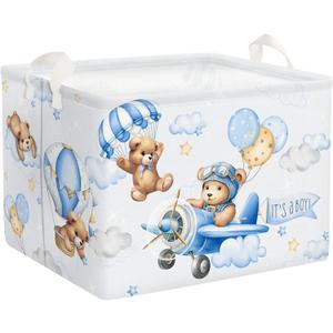 Clastyle 36L Large Blue Bear Pilot Hot Air Balloon Shelf Basket with Handle Collapsible Rectangle Toy Clothes Storage Basket for Kid Room Nursery, 40 * 30 * 30 cm