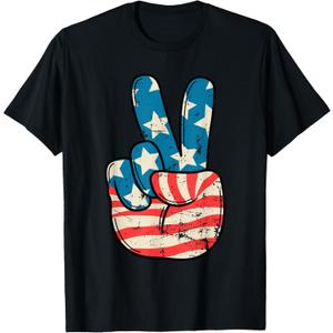 USA Flag Peace Sign Hand 4th of July Patriotic Men Boys T-Shirt