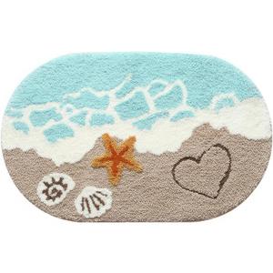 Beach-Themed Ultra-Thick Bath Mat, Wave Sand Shell Bathroom Rugs with Non-Slip Backing, Absorbent Microfiber Starfish Bath Rug, Machine Washable Bath Mats for Home Decor 16 x 24 Inch (Blue1)