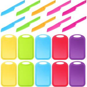 Yinkin 20 Pcs Kids Plastic Knife Set with Cutting Board Toddler Knife Tools, Including 10 Child Safe Knife 10 Chopping Board Kids Cooking Utensils for Cooking Club, Preschool